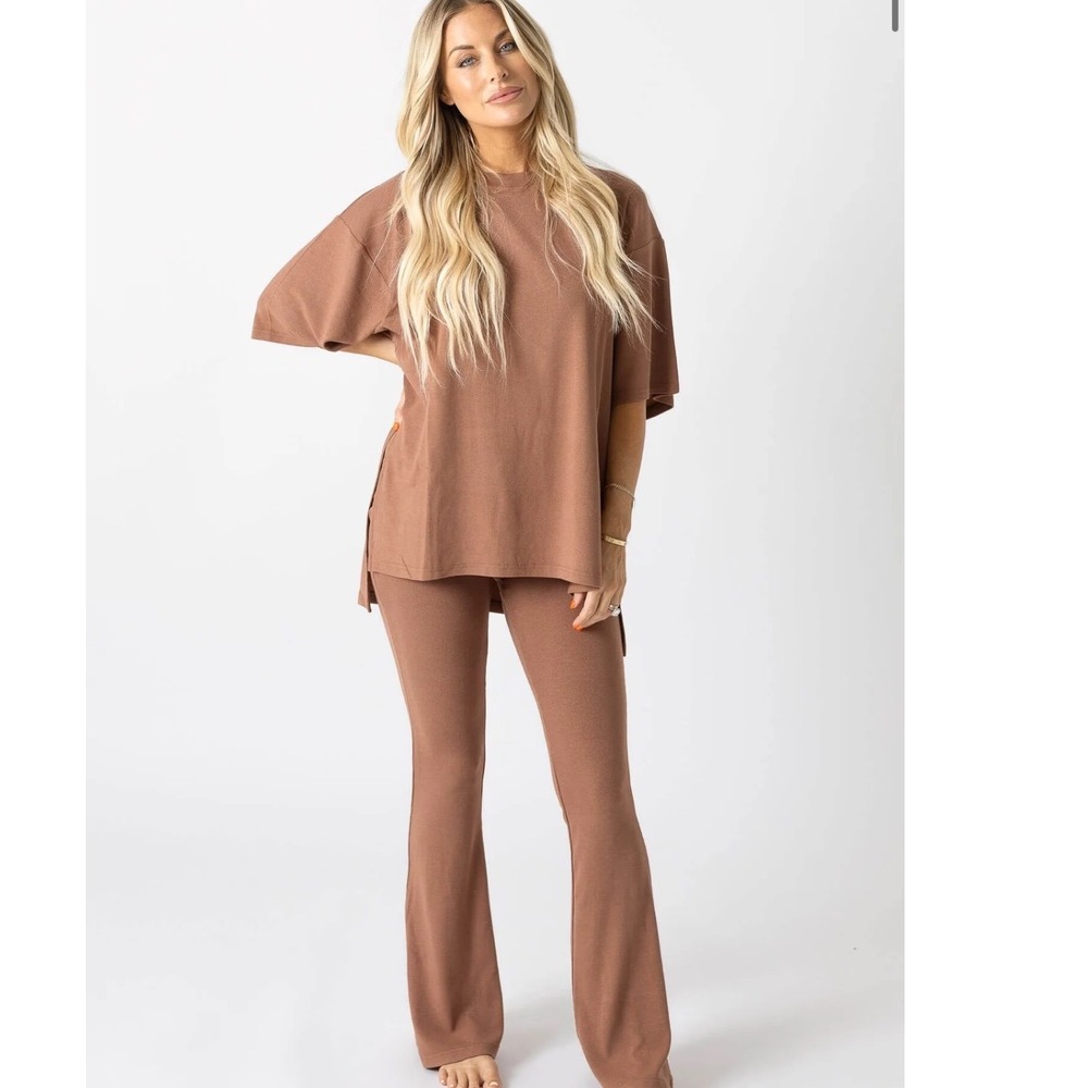 Foxy Kind All Weekend Long Pant Set Camel Ribbed Oversized Top Flare Pants XS